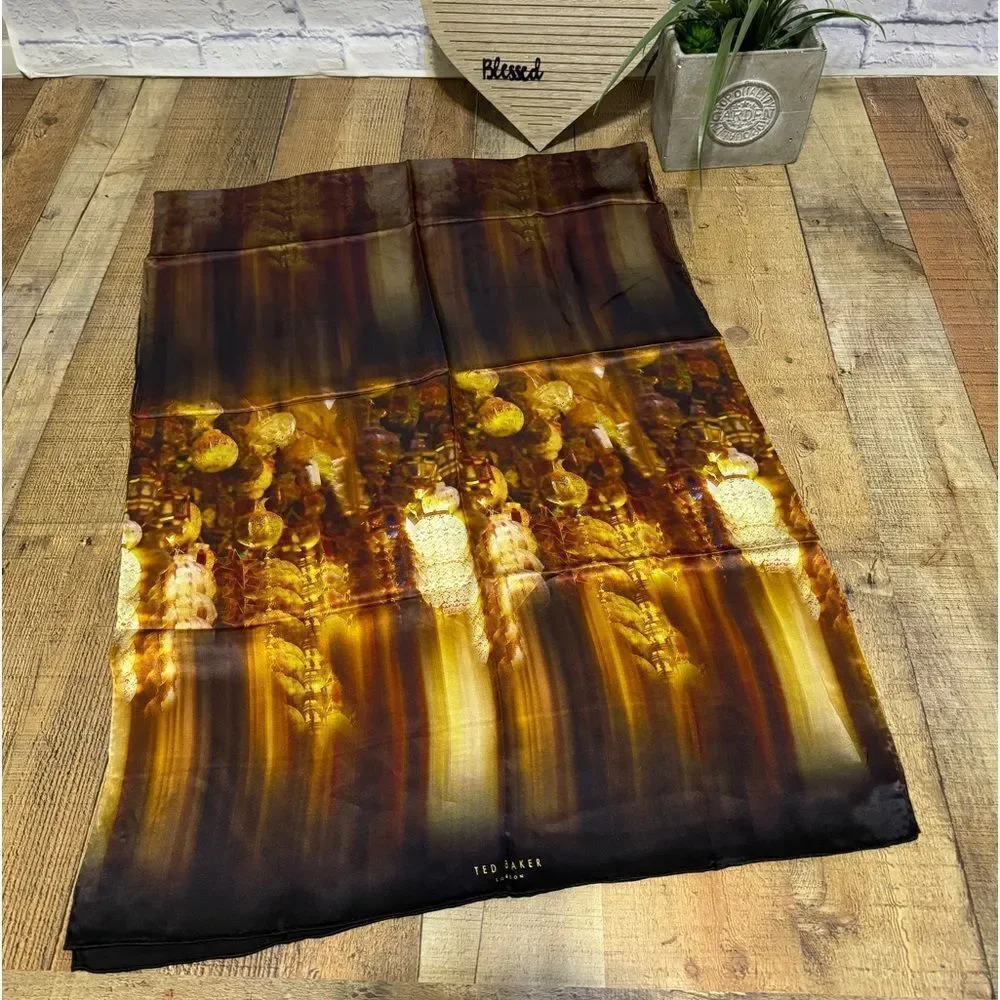TED BAKER London Long 100% Silk Scarf Wrap Gold/black